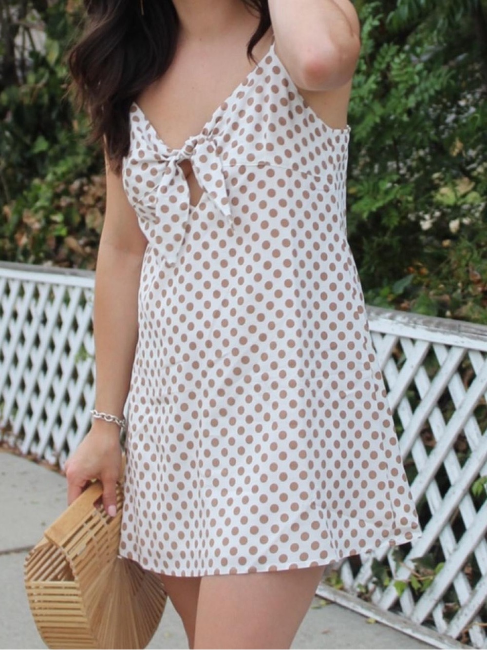 L’atiste Women's Polka Dot Mini Cami Dress Size Small White Tan Cutout Bow Lined